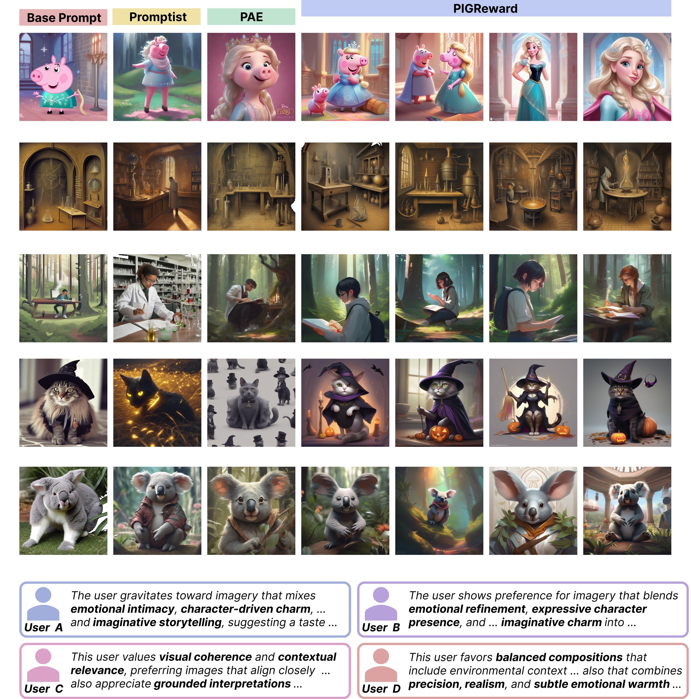 Qualitative results for personalized prompt optimization across users and baselines.